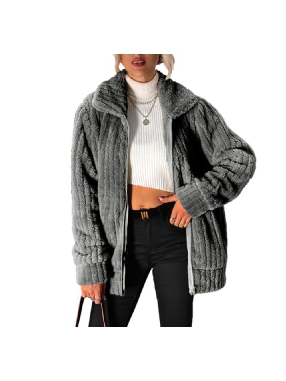 Womens Fleece Jacket Full Zip Sherpa Coat Pockets